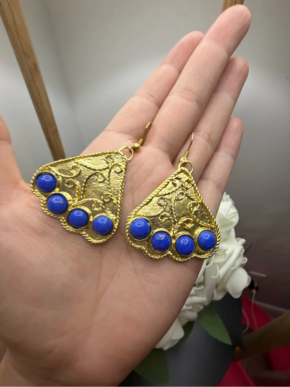 Gold and Blue Statement Drop Earrings - Unbranded